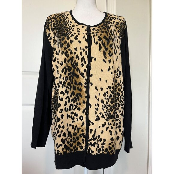 Extra Point Womens Leopard Print Cardigan Size 3X Sweater Black Tan Animal Print - Picture 1 of 7
